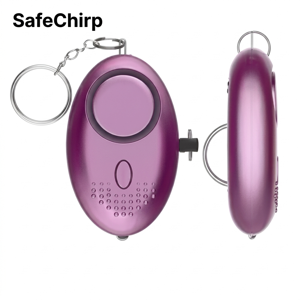 SafeChirp safety alarm clipped to keyring with stainless steel hardware