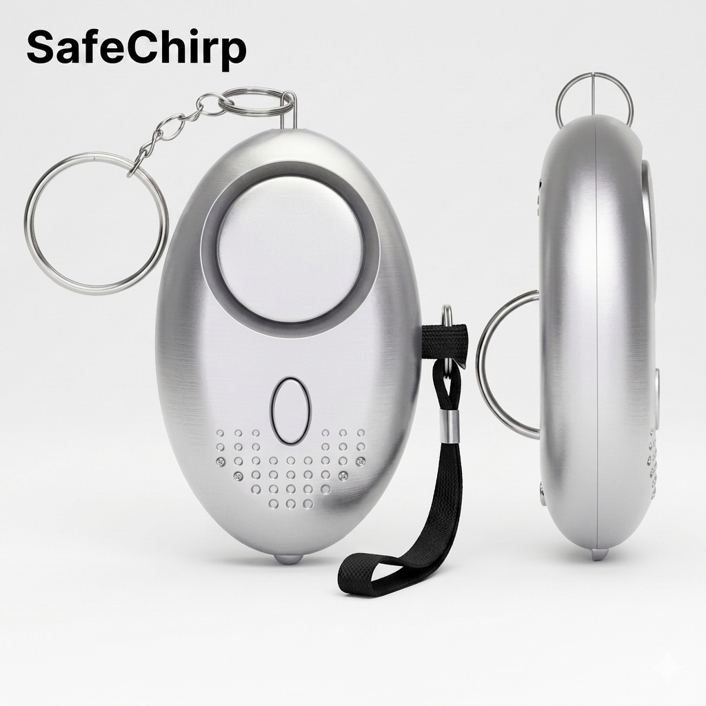 SafeChirp 130dB personal safety alarm — USB-C rechargeable keychain alarm with strobe