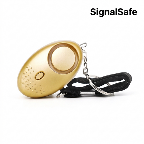 SignalSafe personal safety alarm in royal blue, front and profile view, 130dB pocket alarm with keyring and wrist strap