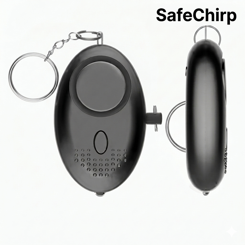 SafeChirp safety alarm showing pull-pin and LED strobe activation